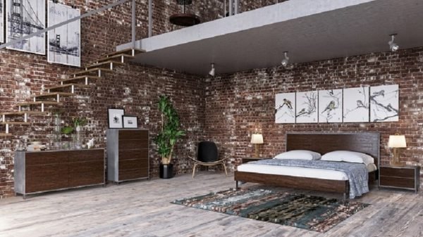 “The Santora” Modern Dark Walnut & Concrete Bedroom Set